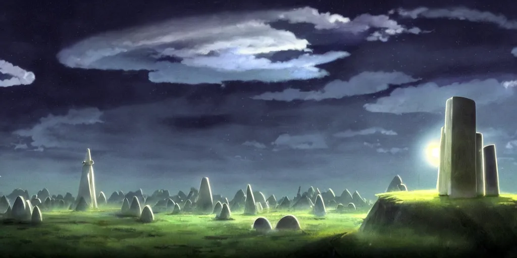 Image similar to a realistic and atmospheric cell - shaded concept art from howl's moving castle ( 2 0 0 4 ) of a ufo in the sky. a grey monk is standing in a futurist sci - fi city that looks like stonehenge in a flooded rainforest. it is a misty starry night. very dull muted colors, hd, 4 k, hq
