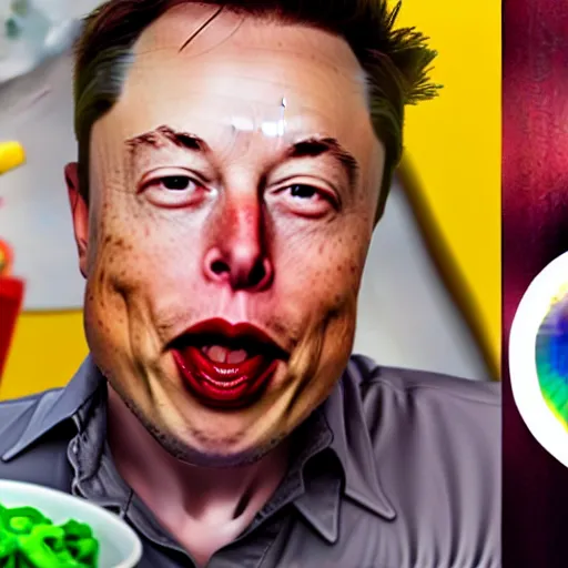 Prompt: an award winning photo of elon musk eating!! crayons!, gourmet restaurant, 4 k, high quality