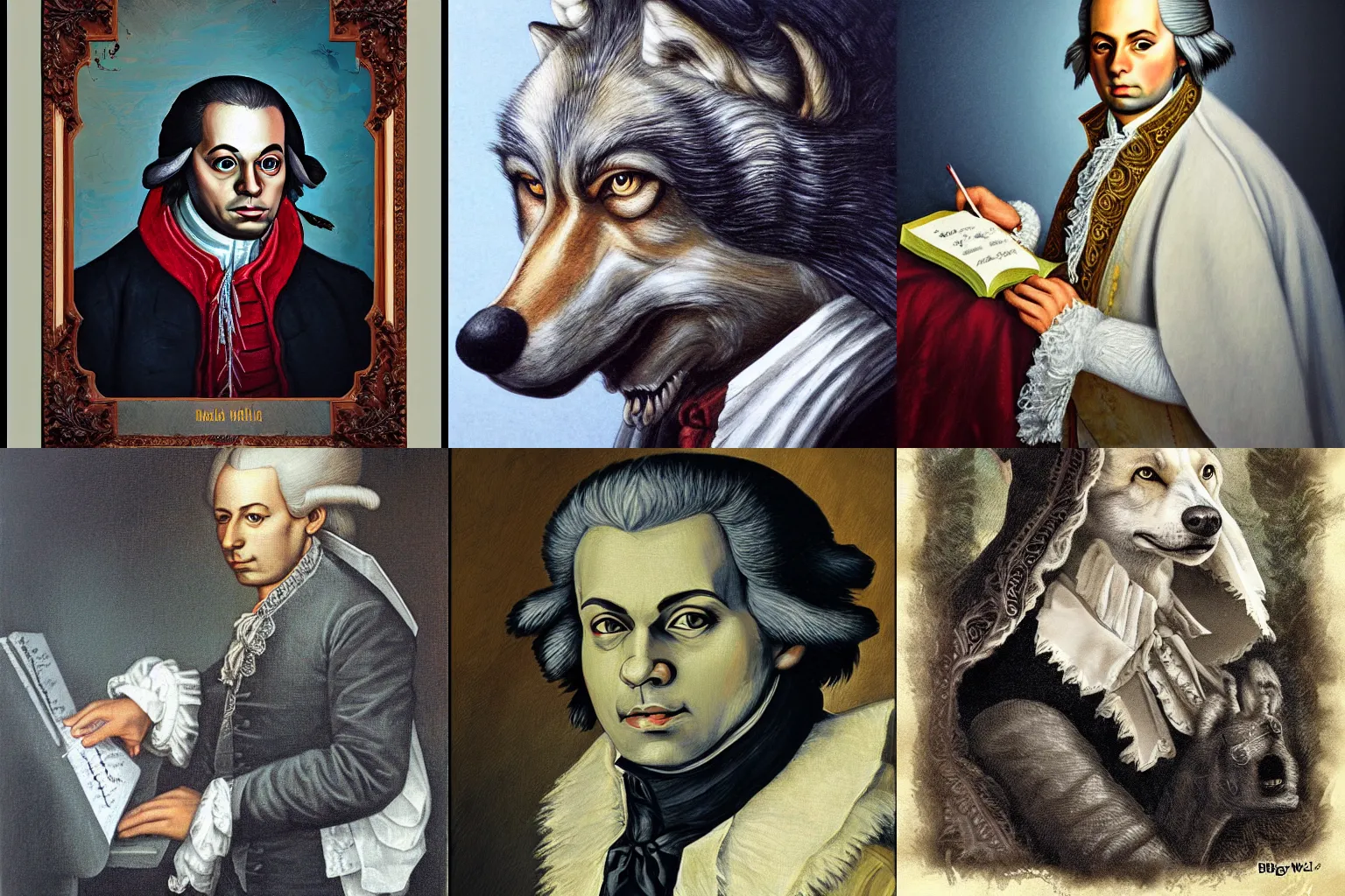 Prompt: big bad wolf portrait, mozart as a wolf