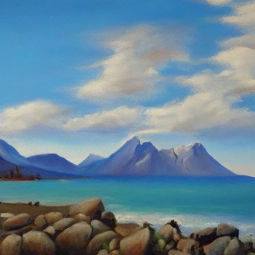 Prompt: realist landscape painting of tall rocky mountains by the ocean, blue sky with clouds