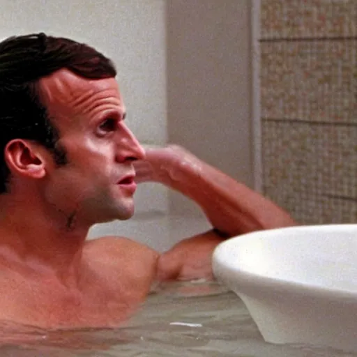 Prompt: Emmanuel macron taking a bath in American Psycho (1999), blur on his body