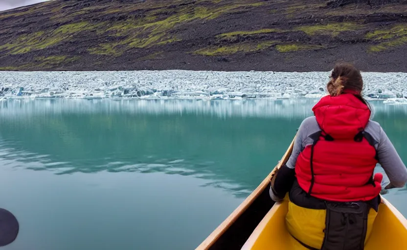 Prompt: canoeing through a lake of glaciers in iceland