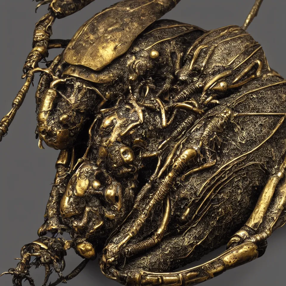 Image similar to a beetle amulet by hr giger, bronze on gold , patina,