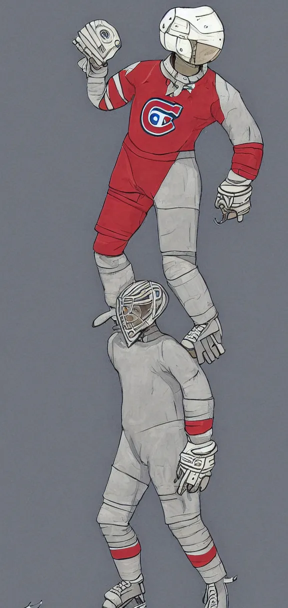 Prompt: male, full body, habs ice hockey space suit with a modern helmet, large shoulders, short torso, long thin legs, tiny ice skate, stanley cup character sheet, science fiction, very stylized character design, digital painting, by mike mignola, by alex maleev, jean giraud, painted by leyendecker