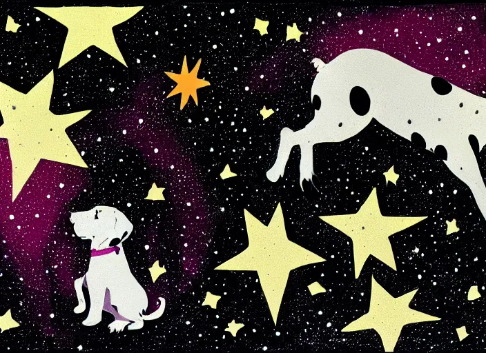 Image similar to portrait of a dalmatian piglet surrounded by stars. silkscreen painting on paper