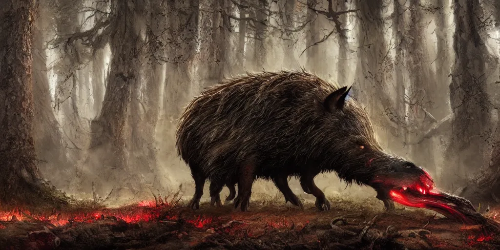 Prompt: giant monstrous wild boar with red eyes and many tusks, in dark woods, dim colors, forest, highly detailed illustration, masterpiece, fantasy, magical, hyperdetailed, realistic, witch fairytale, 4 k, 8 k, highly detailed matte painting, dungeons and dragons