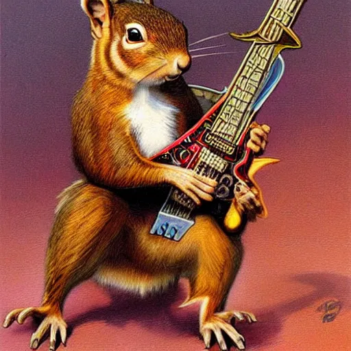 Image similar to a dnd character, a squirrel playing electric guitar, by Alex horley