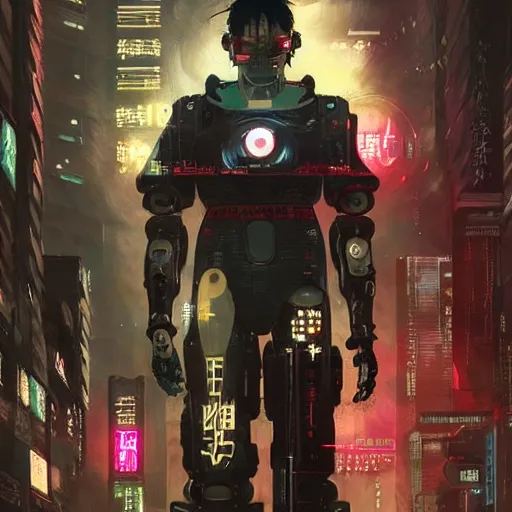 Image similar to a japanese cyberpunk robot, finely detailed features, cyborg robot parts with glowing lights!, dramatic cinematic, night, at cyberpunk city, ghost in the shell, akira, noir, painted by greg rutkowski makoto shinkai takashi takeuchi craig mullins, alphonse mucha, studio ghibli, pixiv