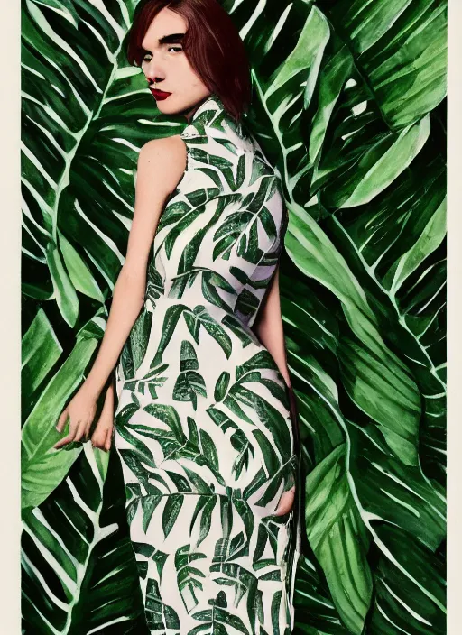 Prompt: a woman in dress inspired by monstera leaves