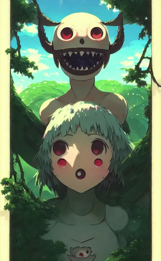 Prompt: a cute monster card from 1 9 5 0, illustration, clear sky background, lush landscape, concept art, anime key visual, trending pixiv fanbox, by wlop and greg rutkowski and makoto shinkai and studio ghibli and kyoto animation, symmetrical facial features, portable monster companion, box art