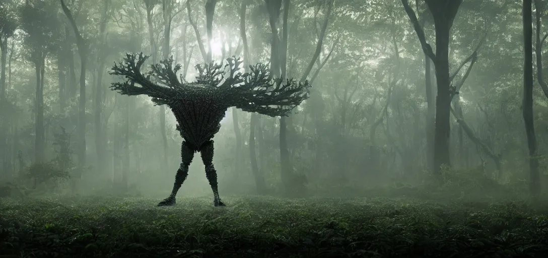 Image similar to a complex organic fractal 3 d metallic symbiotic ceramic humanoid megastructure creature in a swampy lush forest, foggy, sun rays, cinematic shot, photo still from movie by ari aster