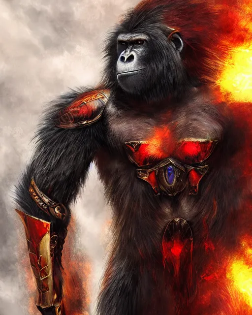 Image similar to fury art, an anthro ape wearing a large cape and a fantasy armor, fiery background, 3 d, 8 k, extremely detailed, trending on furaffinity, trending on artstation, award winning, sharp focus, illustration