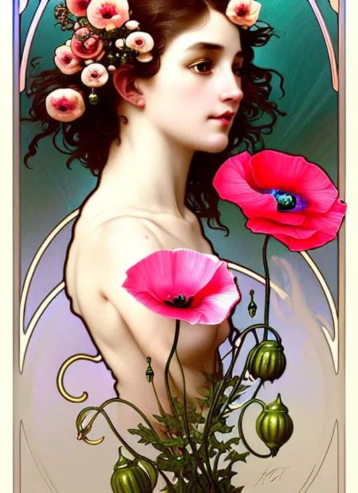 Image similar to poppy flowers, rococo and art nouveau fusion, iridescent diaphanous refractive and reflective flower bouquet, tarot card, highly detailed, deep focus, elegant, digital painting, smooth, sharp focus, illustration, ultra realistic, 8 k, art by artgerm and alphonse mucha