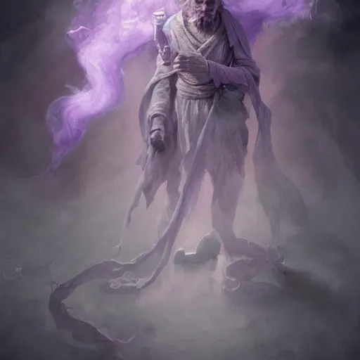 Image similar to a beautiful ultradetailed portrait of a wizard with a body made of smoke! beautiful large purple staff in his hand, with a single large grey smoke cloud by his side, by greg rutkowski, karol bak and peter mohrbacher, volumetric lighting, magical realism, dark, wizard, smoke