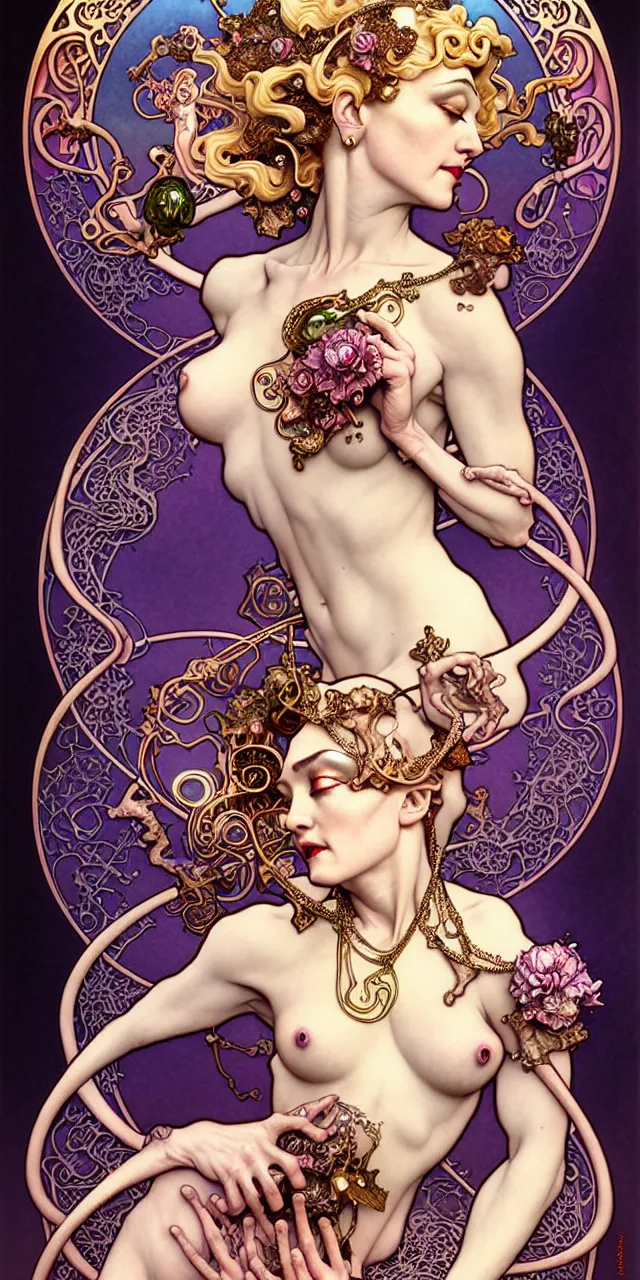 Prompt: beautiful madonna art nouveau fantasy character portrait, ultra realistic, intricate details, the fifth element artifacts, highly detailed by peter mohrbacher, hajime sorayama, wayne barlowe, boris vallejo, aaron horkey, gaston bussiere, craig mullins alphonse mucha, art nouveau curves swirls and spirals, flowers pearls beads crystals jewelry goldchains scattered
