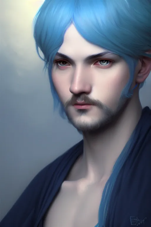 Prompt: a portrait of a blue hair male wizard, illustration, soft lighting, soft details, dark mood, painting oil on canvas by Edmund Blair Leighton and Charlie Bowater octane render trending on artstation d&d characters, 4k, 8k, HD
