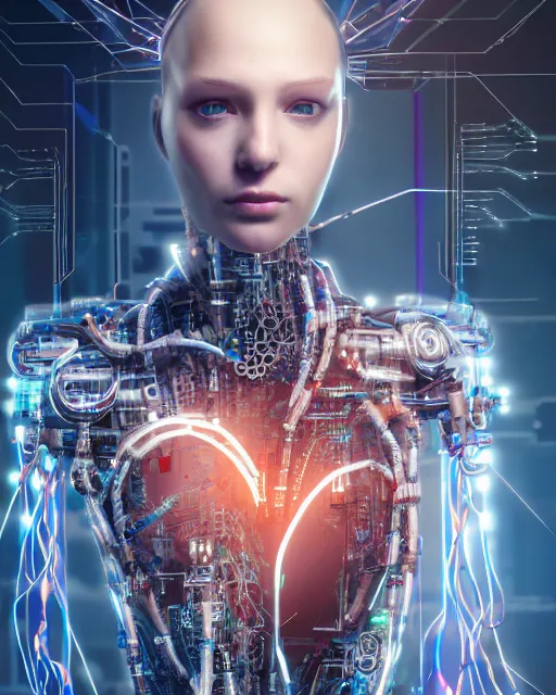 Image similar to portrait of a beautiful human heart as a cyberpunk cyborg half robot, revealing wires and electronics, hooked - up, sci - fi, missing panels, intricate abstract upper body intricate artwork, concept art, octane render, deviantart, cinematic, key art, hyperrealism, iridescent accents, portrait photograph, nikon 3 5 mm, photograph by greg rutkowski