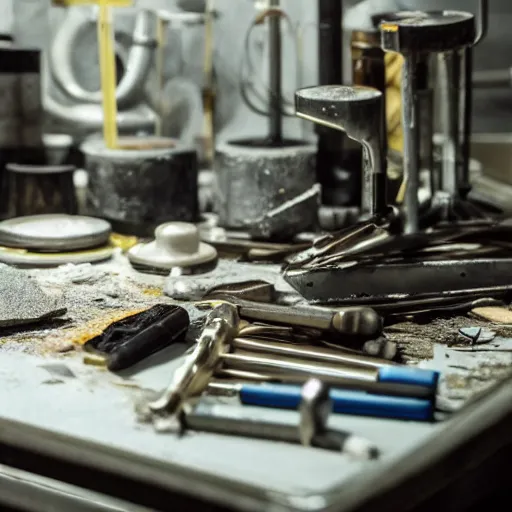 Prompt: A close-up shot of a metal table with laboratory tools and materials in an abandoned biopunk laboratory,