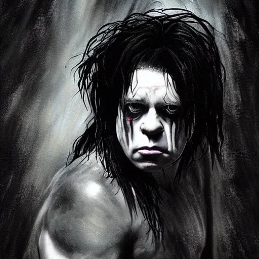 Image similar to stunning portrait of gaunt glenn danzig a ( the cure fan ) as dream from sandman, dim stars as eyes, by jeremy mann, by cedric peyravernay, by by russ mills, by richard avedon and ben templesmith, dramatic lightning, sadness, dark eye sockets, in the shadows, punk rock, gothic, high detailed, 8 k
