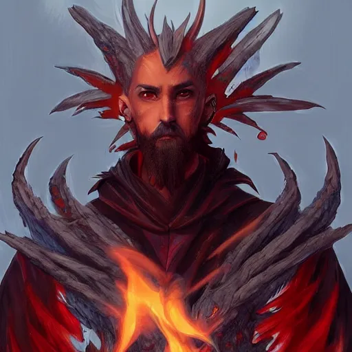 Image similar to full body anime style dragon in humanoid form, bald with a beard made of fire. fantasy style. very punk / alt aesthetic. wings and tail, a highly detailed, digital painting, artstation, concept art, matte, sharp focus, illustration, art by artgerm and greg rutkowski