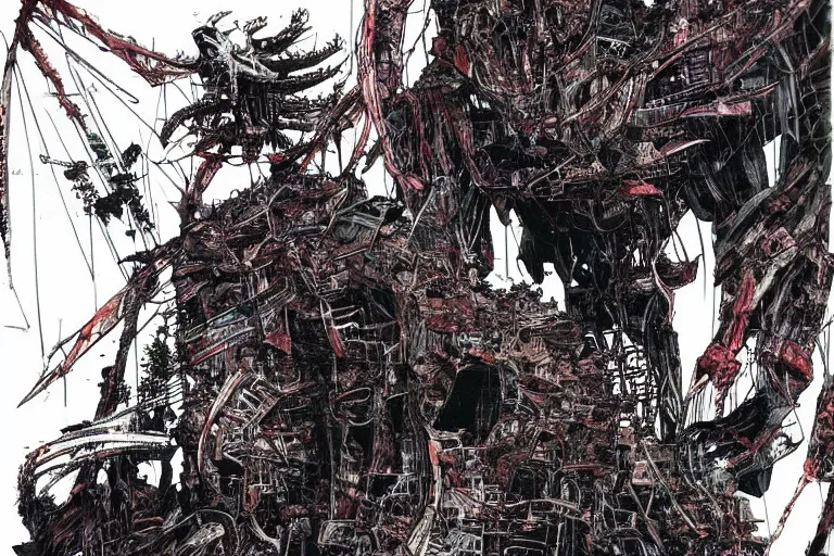 Prompt: remnants of the human civilization, survivors, a color illustration by tsutomu nihei, tetsuo hara and katsuhiro otomo