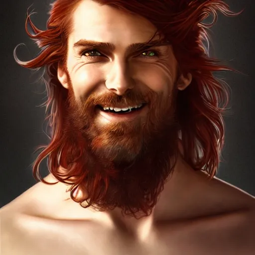 Prompt: portrait of a young ruggedly handsome but joyful pirate, male, masculine, upper body, red crimson hair, long hair, fantasy, devious smirk, intricate, elegant, highly detailed, digital painting, artstation, concept art, matte, sharp focus, illustration, art by artgerm and greg rutkowski and alphonse mucha