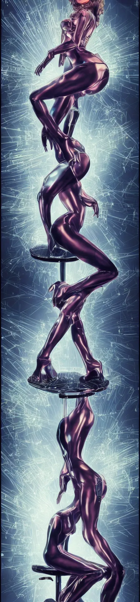 Image similar to beauty woman being sitting on a stool, surrounded by holograms, very detailed, dramatic lighting, detailed mechanical hands, electrical details, high details, 4k, 8k, trending on artstation, by Hajime Sorayama and Boris Vallejo