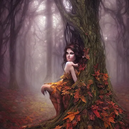 Image similar to portrait of a dryad, in a forest of fey autumn maples, her skin glistens with rainwater, she has a devilish smile and feline eyes, her hair intertwines with roots and foliage by greg rutkowski and brian froud and jessica rossier dark mysterious, filtered evening light