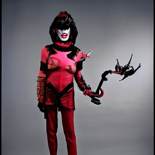 Prompt: klingon with telescopic limbs dressed in glam clothing, photo by cindy sherman