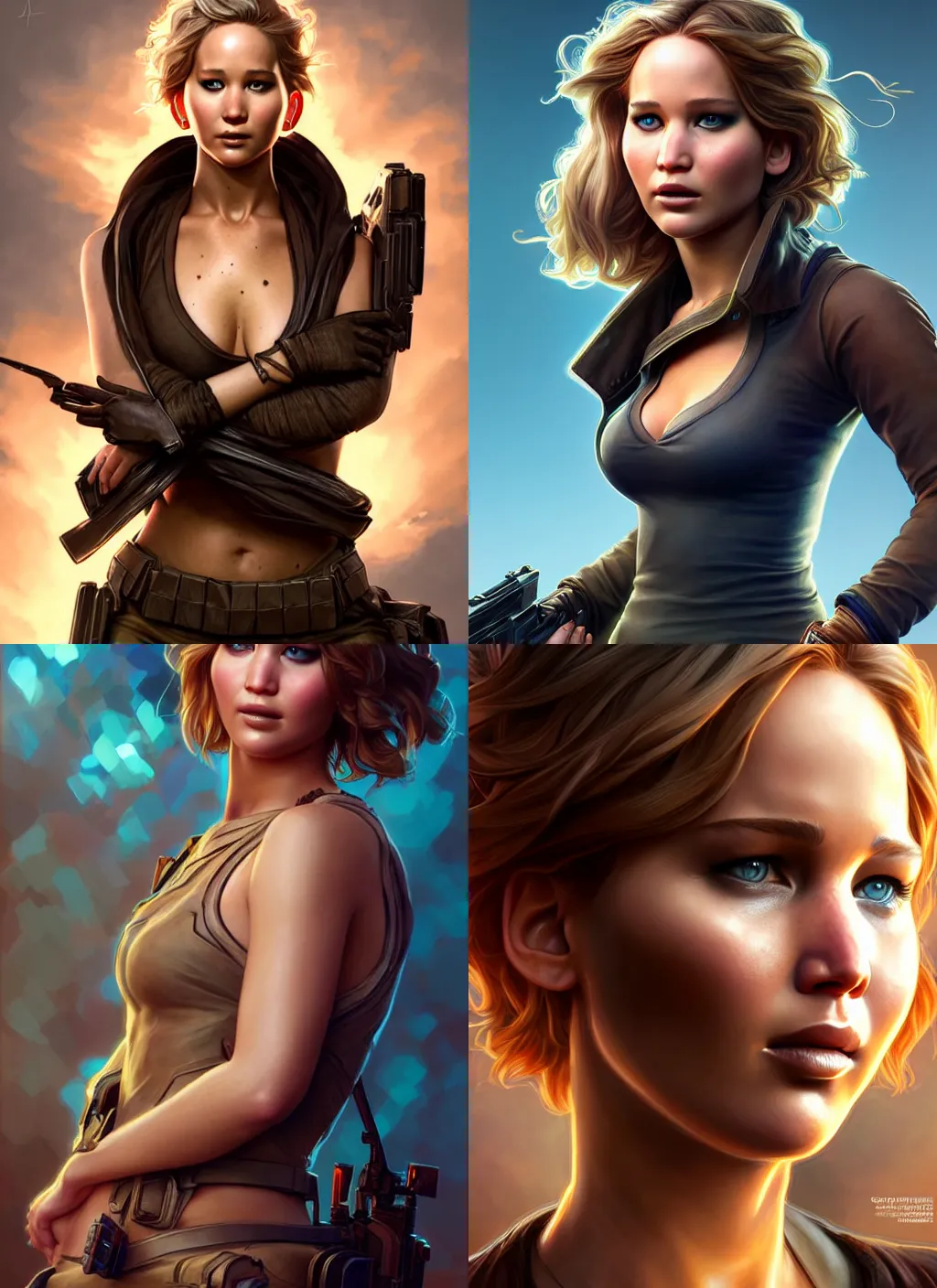 Prompt: jennifer lawrence, borderlands splash art, path traced, octane render, highly detailed, high quality, digital portrait by artgerm, hd, alphonse mucha, tom bagshaw