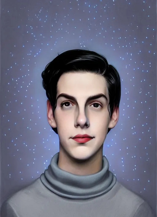 Image similar to portrait of teenage jughead jones wearing a light grey crown, crown, blue turtleneck, 1 9 5 0 s, closed eyes, photorealistic, black hair, glowing lighting, intricate, elegant, glowing lights, highly detailed, digital painting, artstation, concept art, smooth, sharp focus, illustration, art by wlop, mars ravelo and greg rutkowski