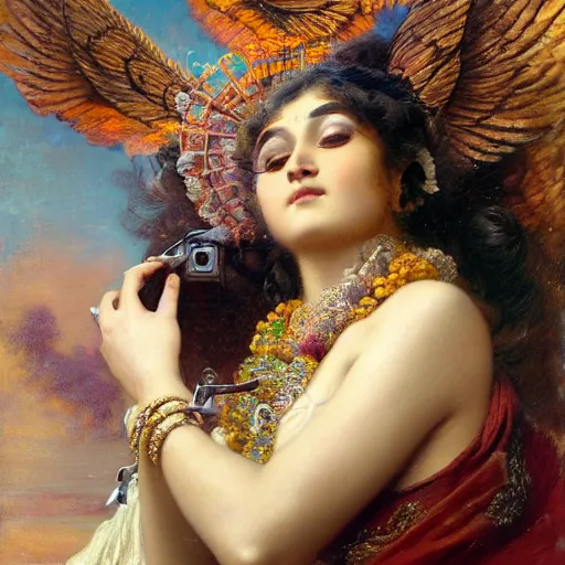 Image similar to detailed portrait of hindu traditional girl with wings high - tech vr headset in baroque painting, girl graceful, eyes closed, painting by gaston bussiere, craig mullins, j. c. leyendecker, lights, art by ernst haeckel, john william godward, hammershøi,,