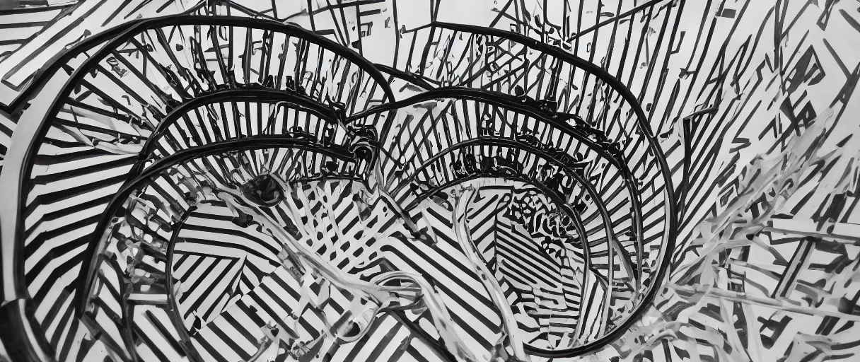 Image similar to an endless spiral staircase, black and white, by Keith Harring