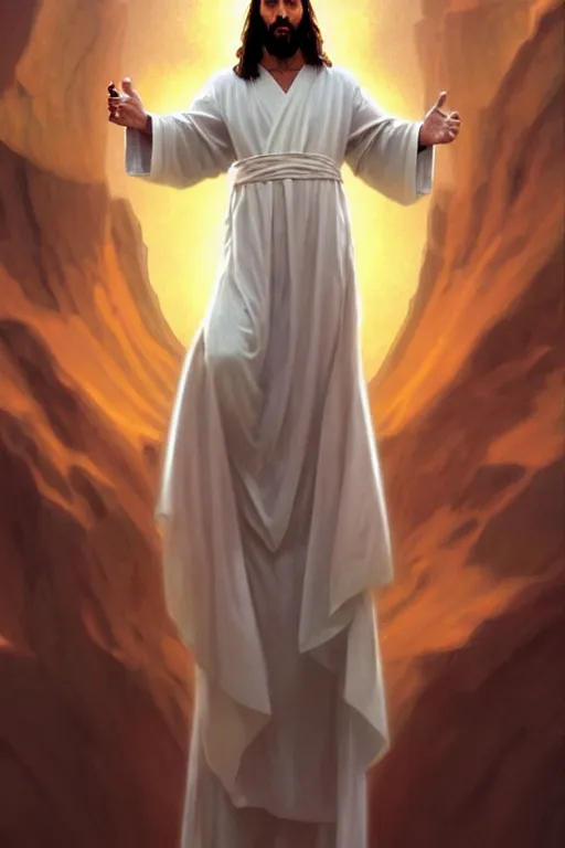 Image similar to jesus christ in a white robe and holding a handgun in an action pose, highly detailed, digital painting, artstation, concept art, smooth, sharp focus, illustration, cinematic lighting, art by artgerm and greg rutkowski and alphonse mucha