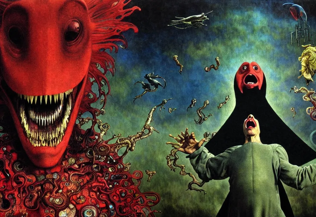 Image similar to realistic detailed portrait movie still of a screaming birdman wearing black robes, sci fi landscape background by denis villeneuve, amano, yves tanguy, alphonse mucha, max ernst, ernst haeckel, roger dean, masterpiece, rich moody colours, snarling dog teeth