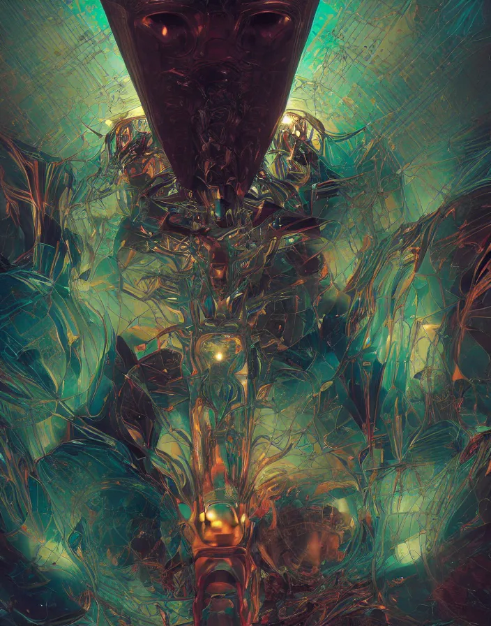 Image similar to dichroic. iridescent. dhorizontally symmetrical. coherent. symmetry. absolutely centered. centered composition. symmetrical biomechanical, mask of a demon space by Roberto Ferri. death and hell hellraiser by Tooth Wu and wlop and beeple and dan mumford and greg rutkowski. halo. octane render, cinematic, hyper realism, octane render, 8k, depth of field, bokeh, hard surface modelling, flowers,. iridescent accents