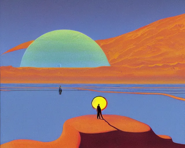 Image similar to roger dean 1 9 8 0 s art of a lone man walking in the dry desert of a strange bizarre alien planet surface lakes reflective clear blue water, rainbow in sky, imagery, illustration art, album art