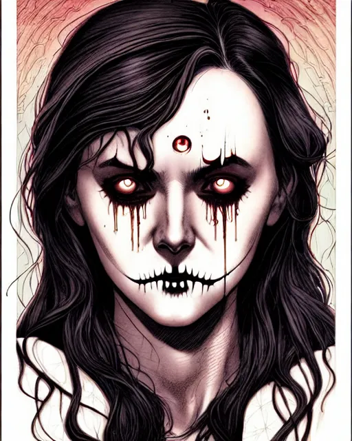 Prompt: comic horror cover art of a beautiful girl with tears in her eyes, skull motif background, illustration by jenny frison and sana takeda, intricate details, stunning inking lines, stunning gradient colors, 4 k, hd, artstation, award winning