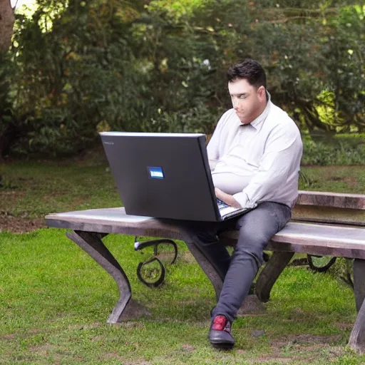 Image similar to a young man called richard being slightly obese sitting in front of hos lenovo thinkpad laptop and talking to himself