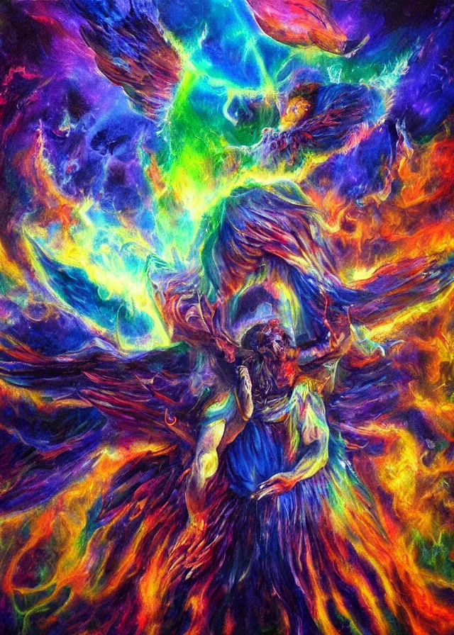 Image similar to Lucifer of the solar mythos mercurial surreal fallen celestial, award winning oil painting, chromatic aberration polychromatic color palette radiant colors