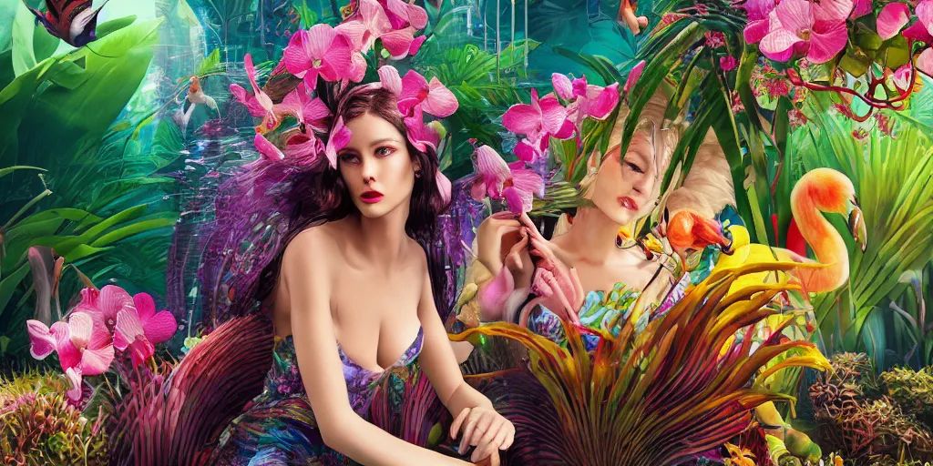 Prompt: photo realistic depiction of a beautiful woman face surrounded by orchids, lion fish, and colorful flamingos style by salvador dali, hyper realistic, octane rendered