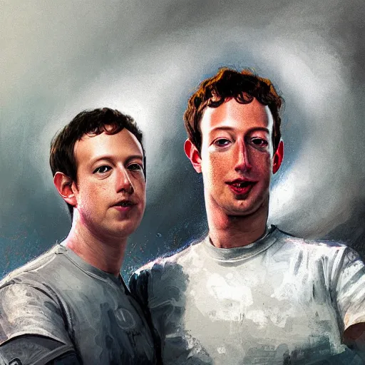 Image similar to portrait of elon mus, mark zuckerberg and jeff bezos together, together, very detailled, art contest winner on behance, trendy on deviant art, by by artgem, greg rutkowski