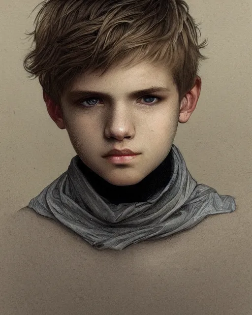 Prompt: portrait a 1 5 - year - old boy, with slender, white - blond hair, cold grey eyes, a pale complexion with sharp and pointed features, wearing black clothes, hyper realistic face, beautiful eyes, close up, fantasy art, in the style of greg rutkowski, intricate, alphonse mucha, hyper detailed, smooth