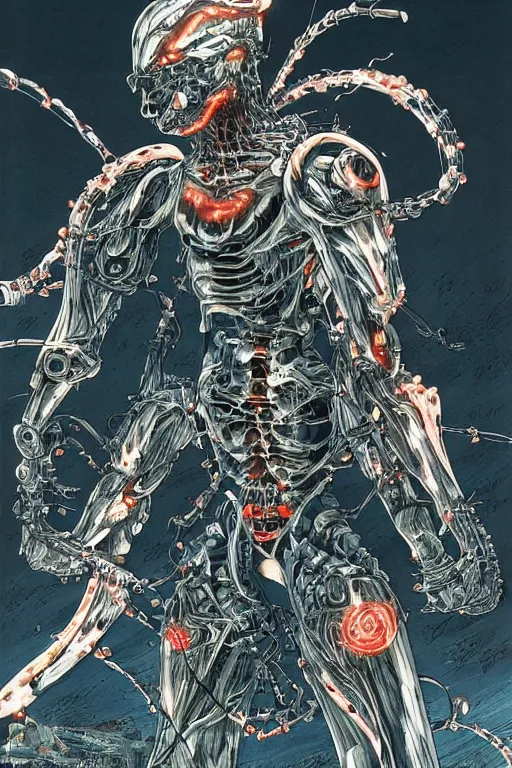 Image similar to powerful biomechanical soldier enhanced using a nanosuit with artificial muscles under the armor plating, at dusk, a color cover illustration by tsutomu nihei, tetsuo hara and katsuhiro otomo