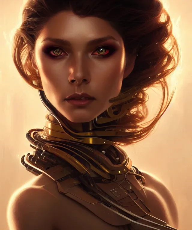 Image similar to futuristic woman portrait, sci-fi, amber eyes, face, long hair, fantasy, intricate, elegant, highly detailed, digital painting, artstation, concept art, smooth, sharp focus, illustration, art by artgerm and greg rutkowski and alphonse mucha