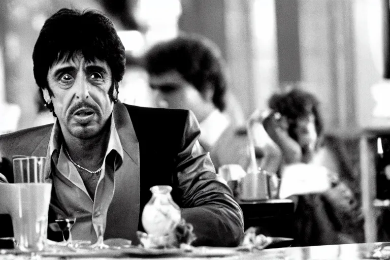 Image similar to tony montana from movie scarface 1 9 8 3 sitting behind a big black oak table with big large packages of flour and money. long shot. al pacino. perfect symmetric face, coherent eyes,, fine details, 4 k, ron cobb, cinestill