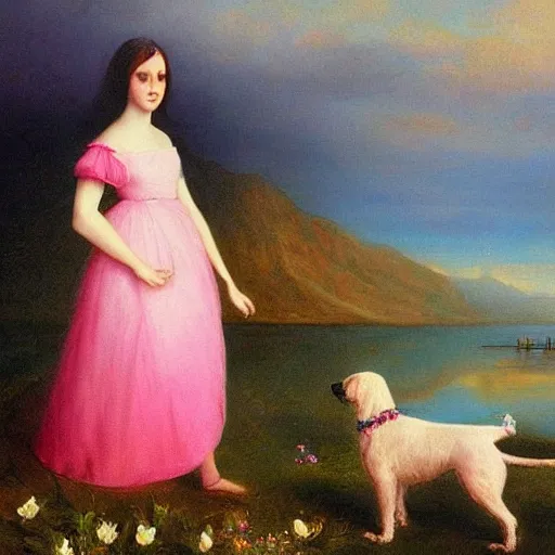 Image similar to a beautiful girl with a beautiful face wearing white dress, a dog, john martin landscape, lake evening, pink and blue colors