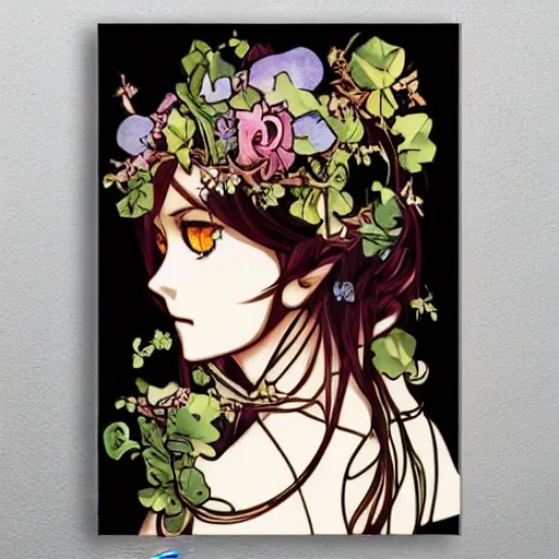 Image similar to anime manga skull portrait young woman hair floral crown fairytale comic jim lee skeleton illustration style by Alphonse Mucha warhol pop art nouveau