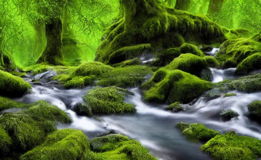 Image similar to wild cats in a clear water stream in a mossy fantasty forest, professional digital art, 4k ultra