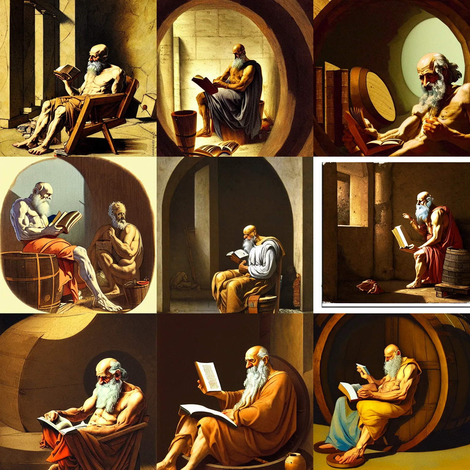 diogenes of sipone reading a book inside his barrel, | Stable Diffusion ...